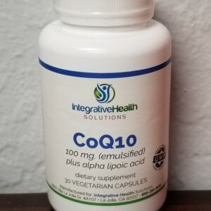 A bottle of coq 1 0 is sitting on the counter.