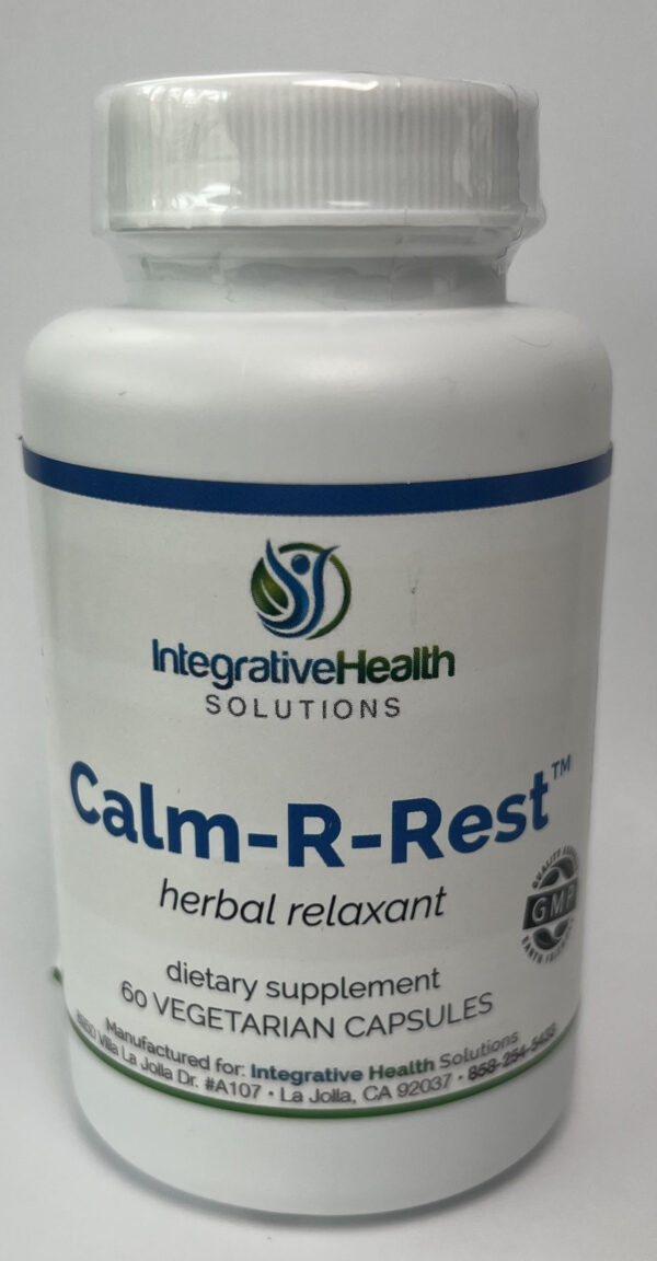 A bottle of calm-r-rest herbal relaxant.