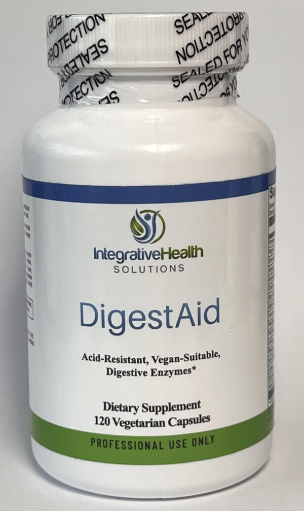 A bottle of digestive aid is shown.