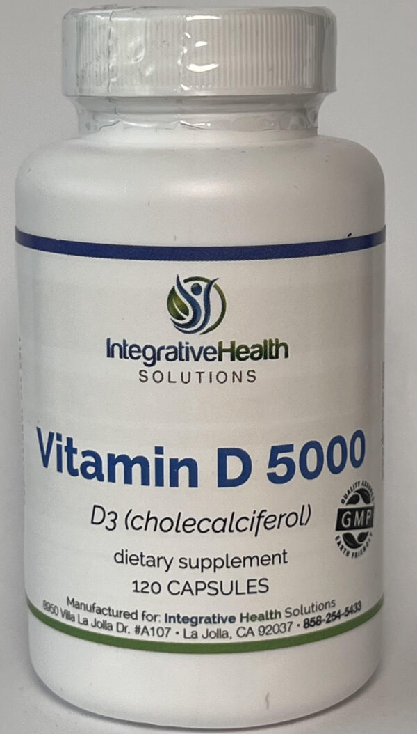 A bottle of vitamin d 5 0 0 0 supplement.