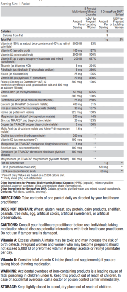 A table with the ingredients for a supplement.